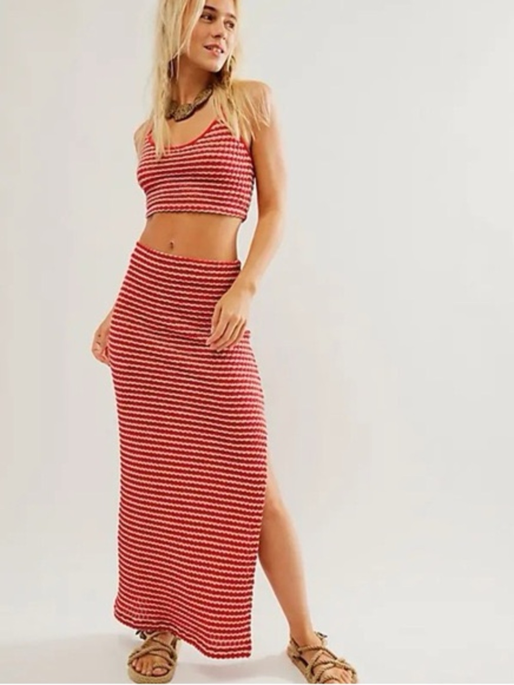 Free People Women's XS Red Tan Cream Helin Sweater Crop Top
Skirt Set